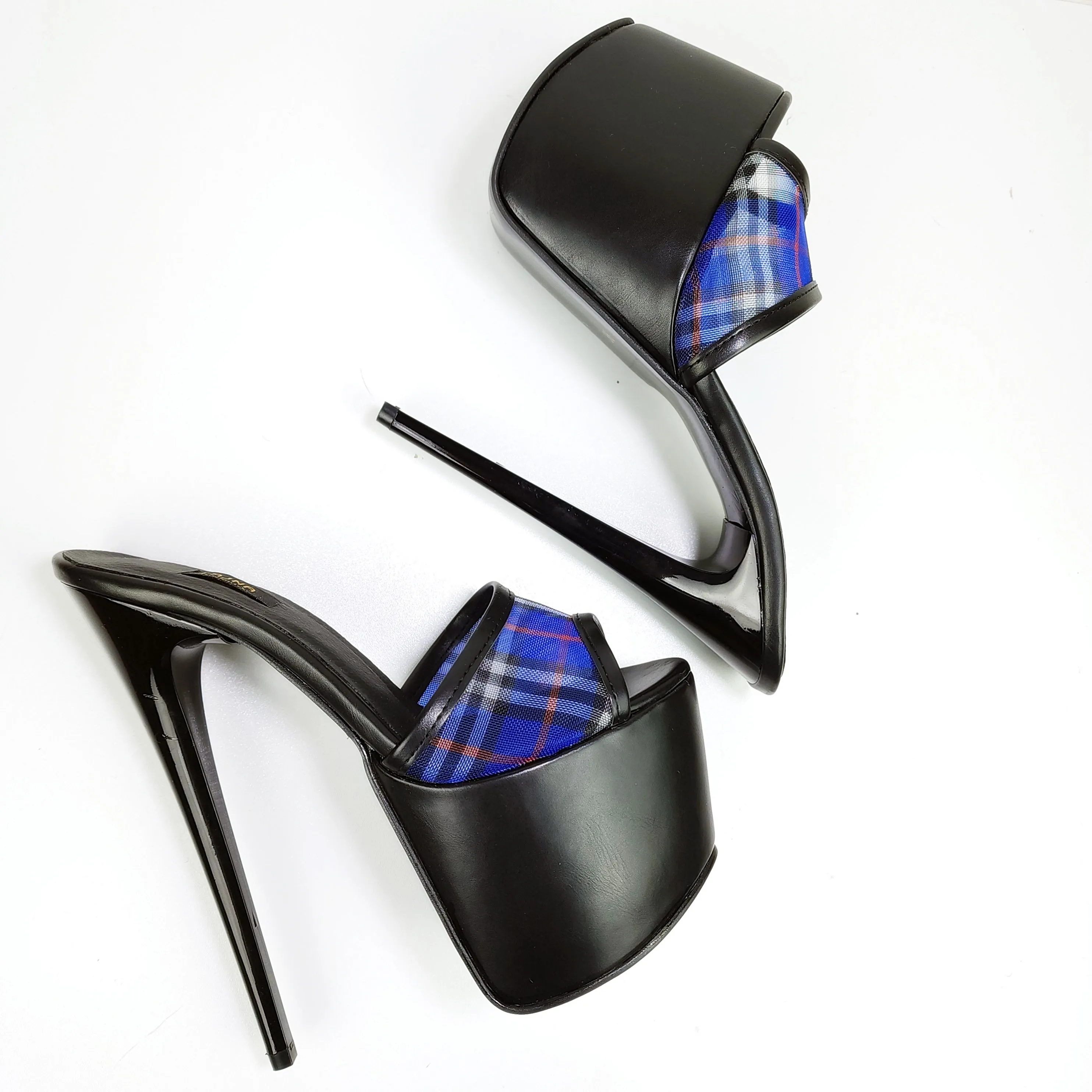 Blue Transparent Tartan Plaid High Heel Mules