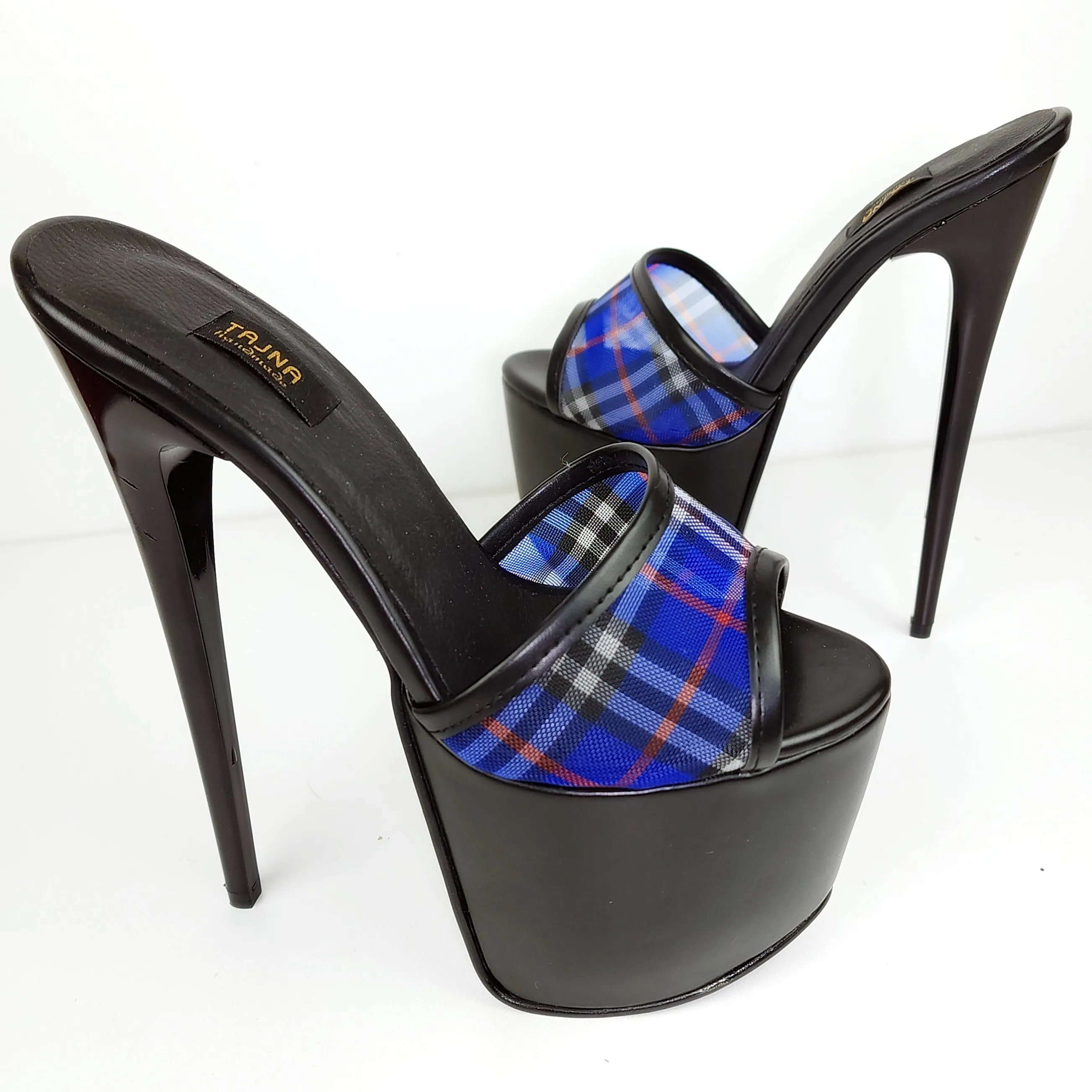 Blue Transparent Tartan Plaid High Heel Mules