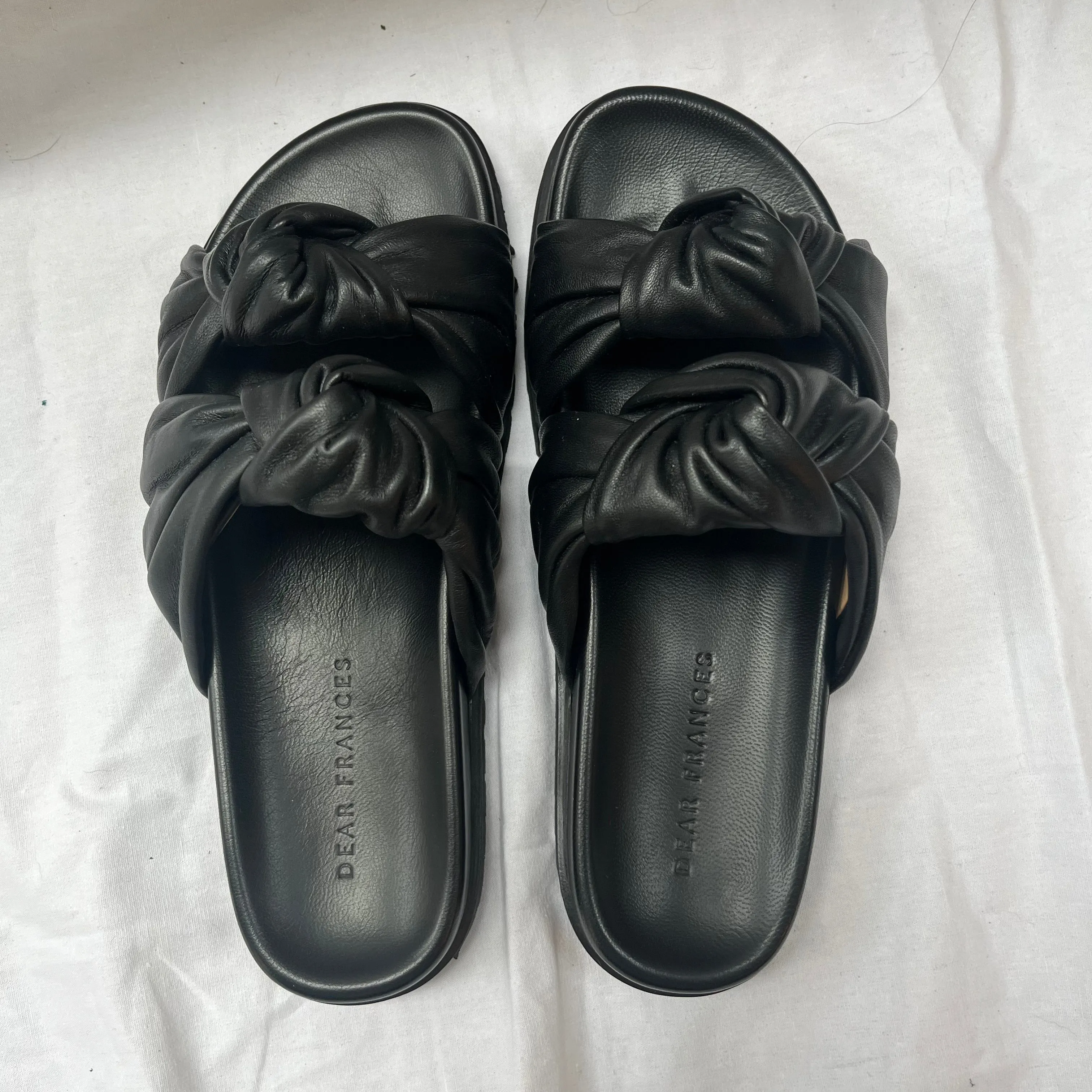 Dear Frances 390 Black Knotted Leather Tye Flatbed Slides 37