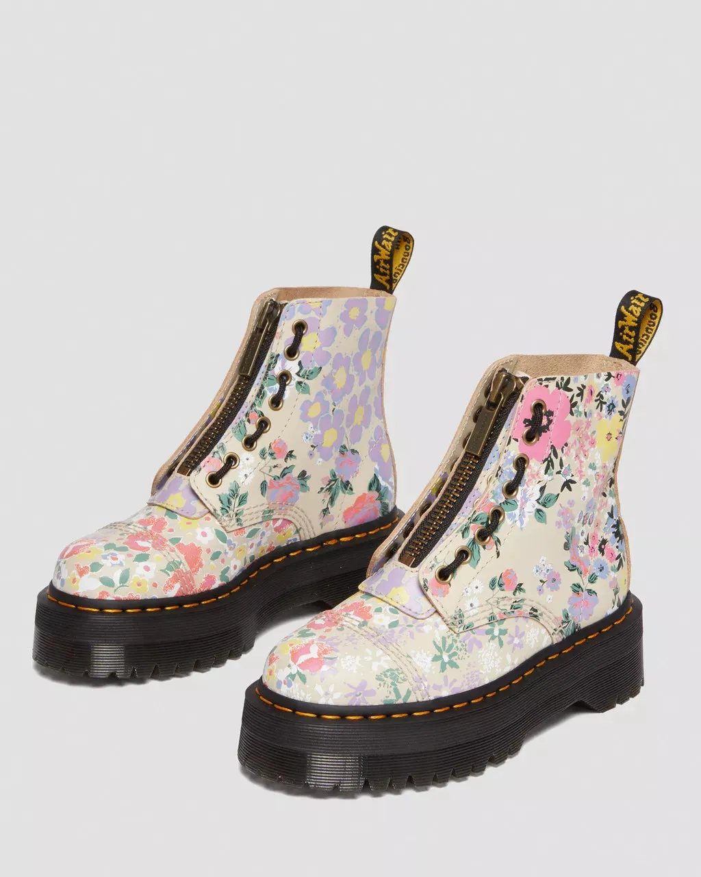 Doc Martens UNISEX SINCLAIR FLORAL MASH UP LEATHER PLATFORM BOOTS (PARCHMENT BEIGE PHANTOM FLORAL SHADOW BACKHAND)