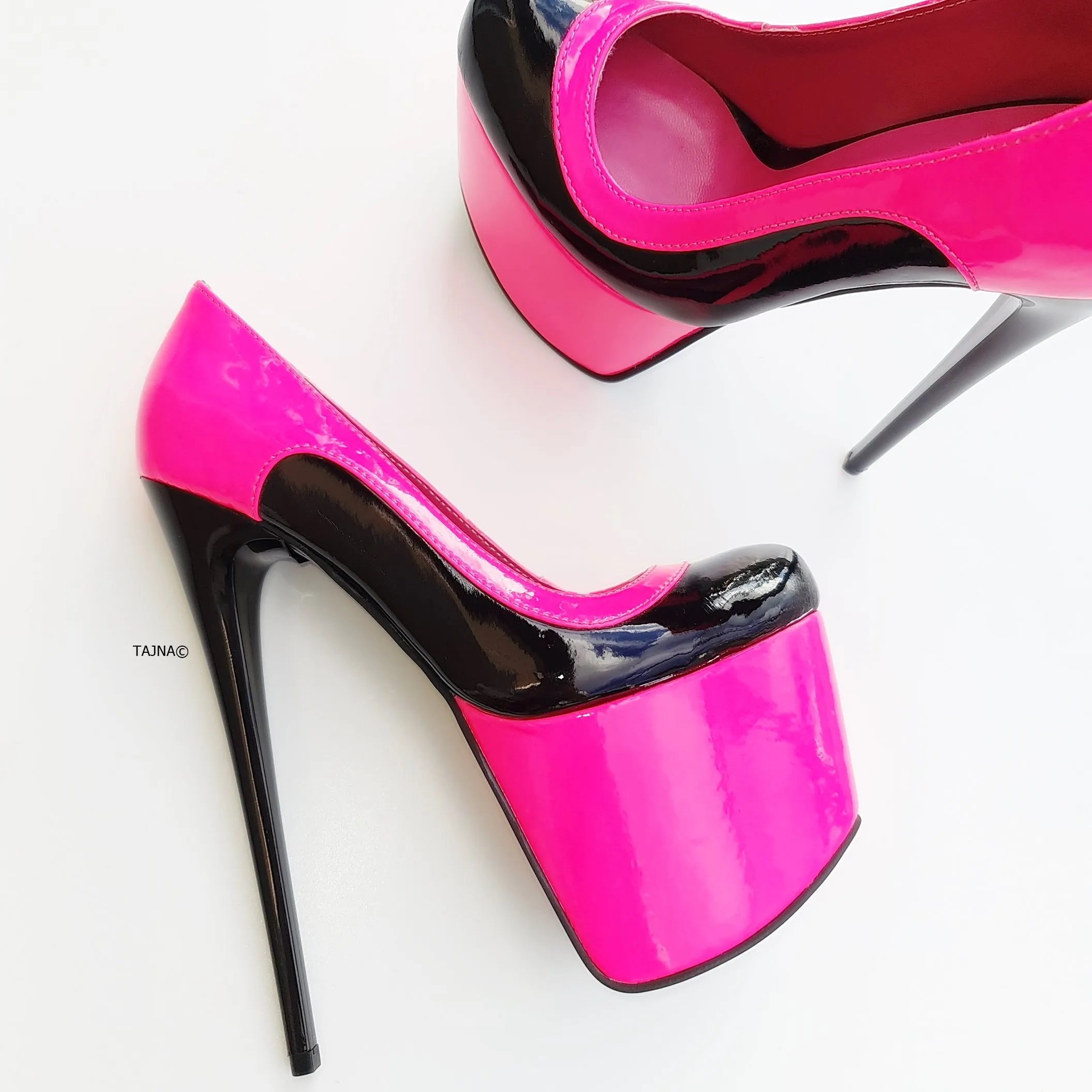 Double Neon Pink Black Gloss High Heel Pumps