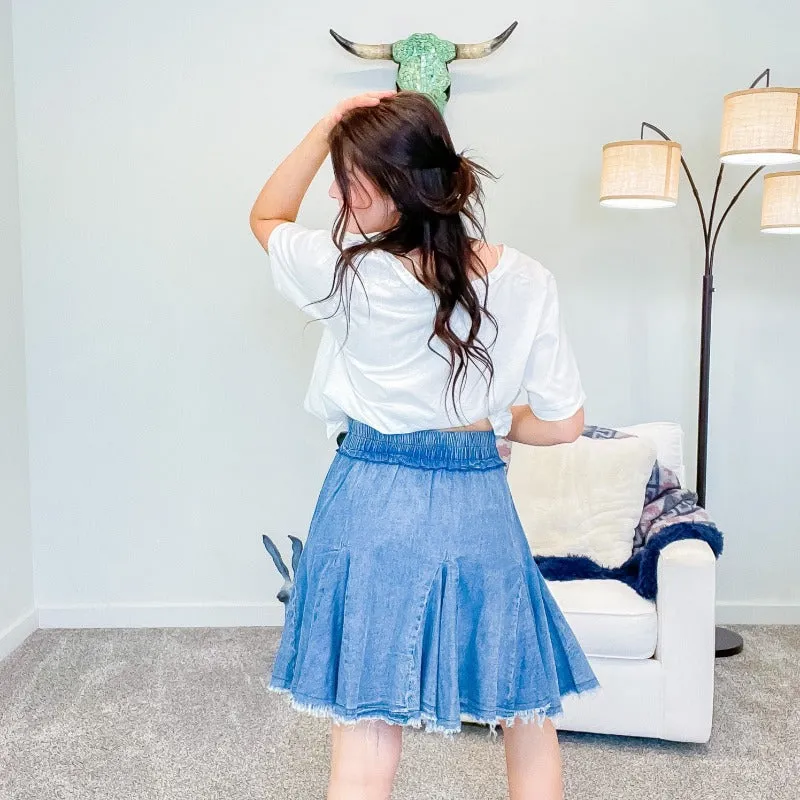 Flowy Wide Yoke Pleated Jean Skirt