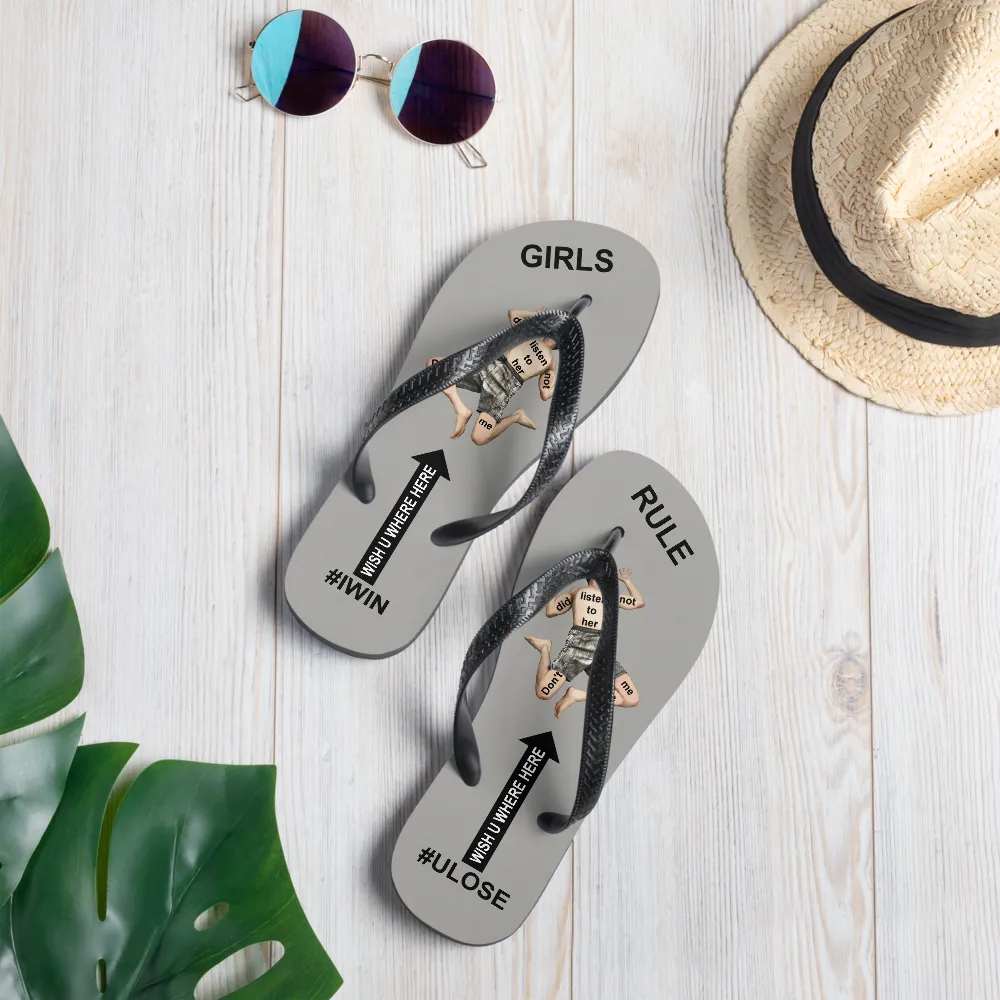 GIRLS RULE flip flops with CRUSHED TINY MAN underfoot gray fabric NEW (2020-05-10)