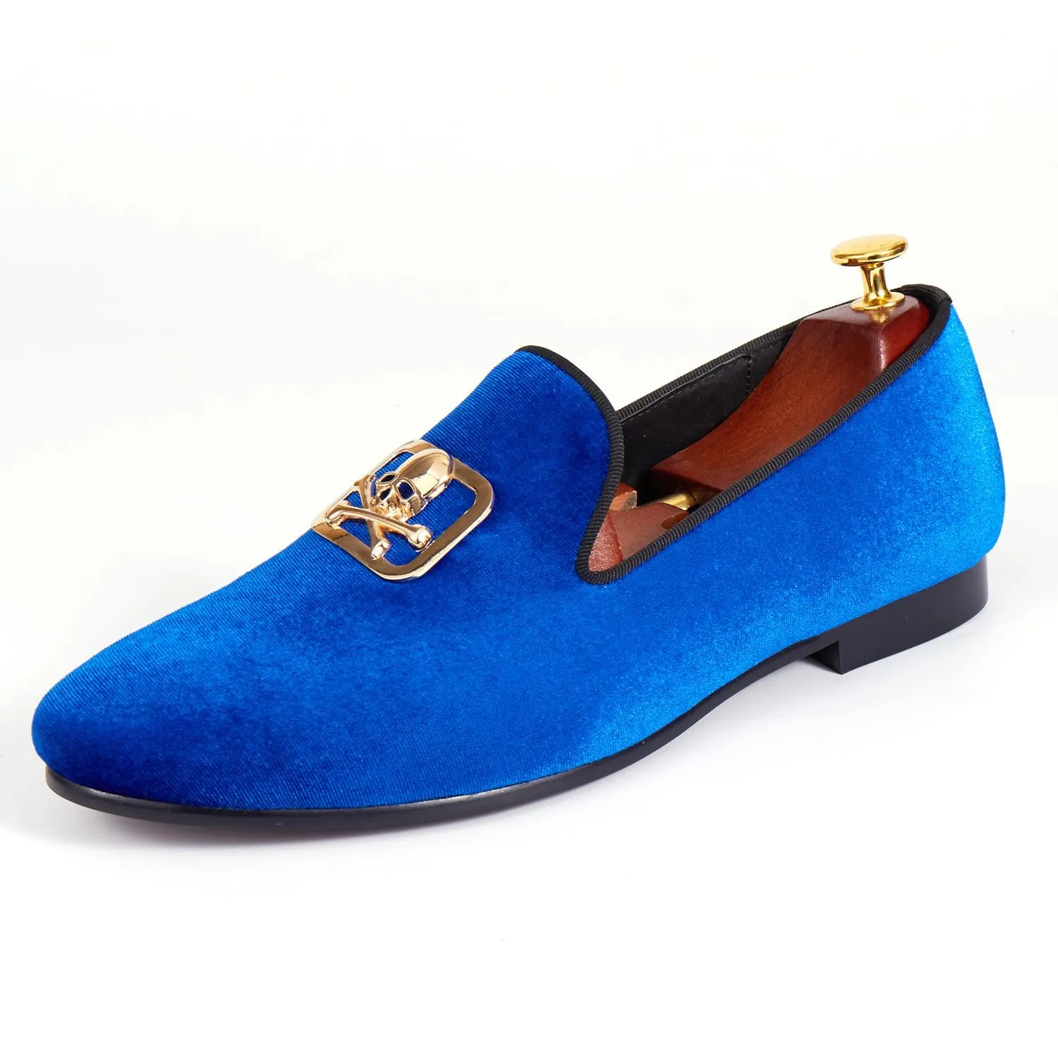 Harpelunde Men Blue Velvet Loafers Skull Buckle Dress Shoes