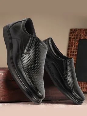 Men Black Genuine Leather Textured Formal Slip On Flat Heel Shoes For Office|Work|Broad Feet Formal Shoes