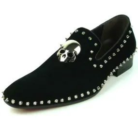 Men's Fiesso Black Suede with Silver Studs Skull Slip On Shoes FI 7199