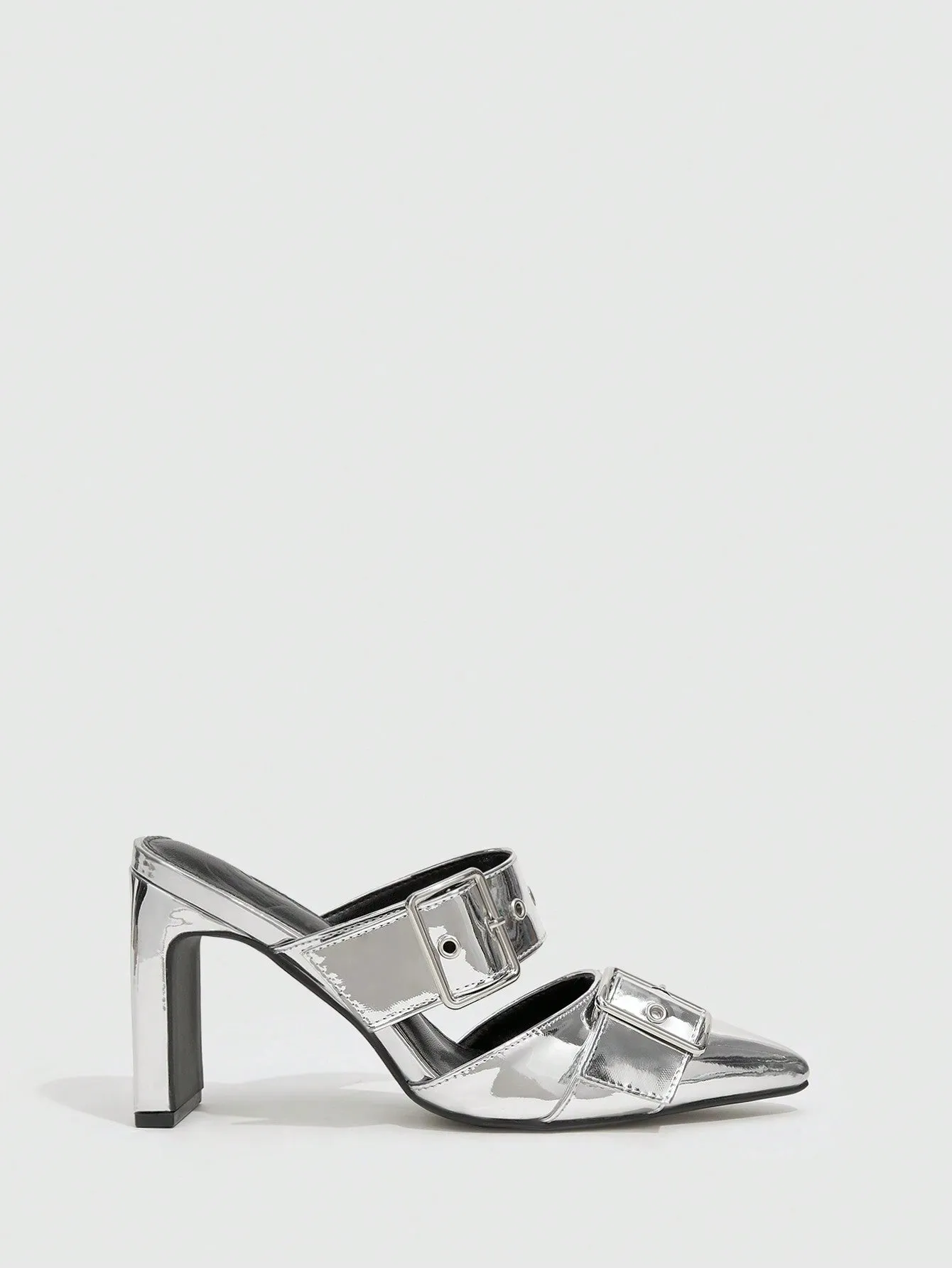 Women Shoes Fashionable Silver Buckle High-Heeled Mules With Chunky Heels Valentines Day