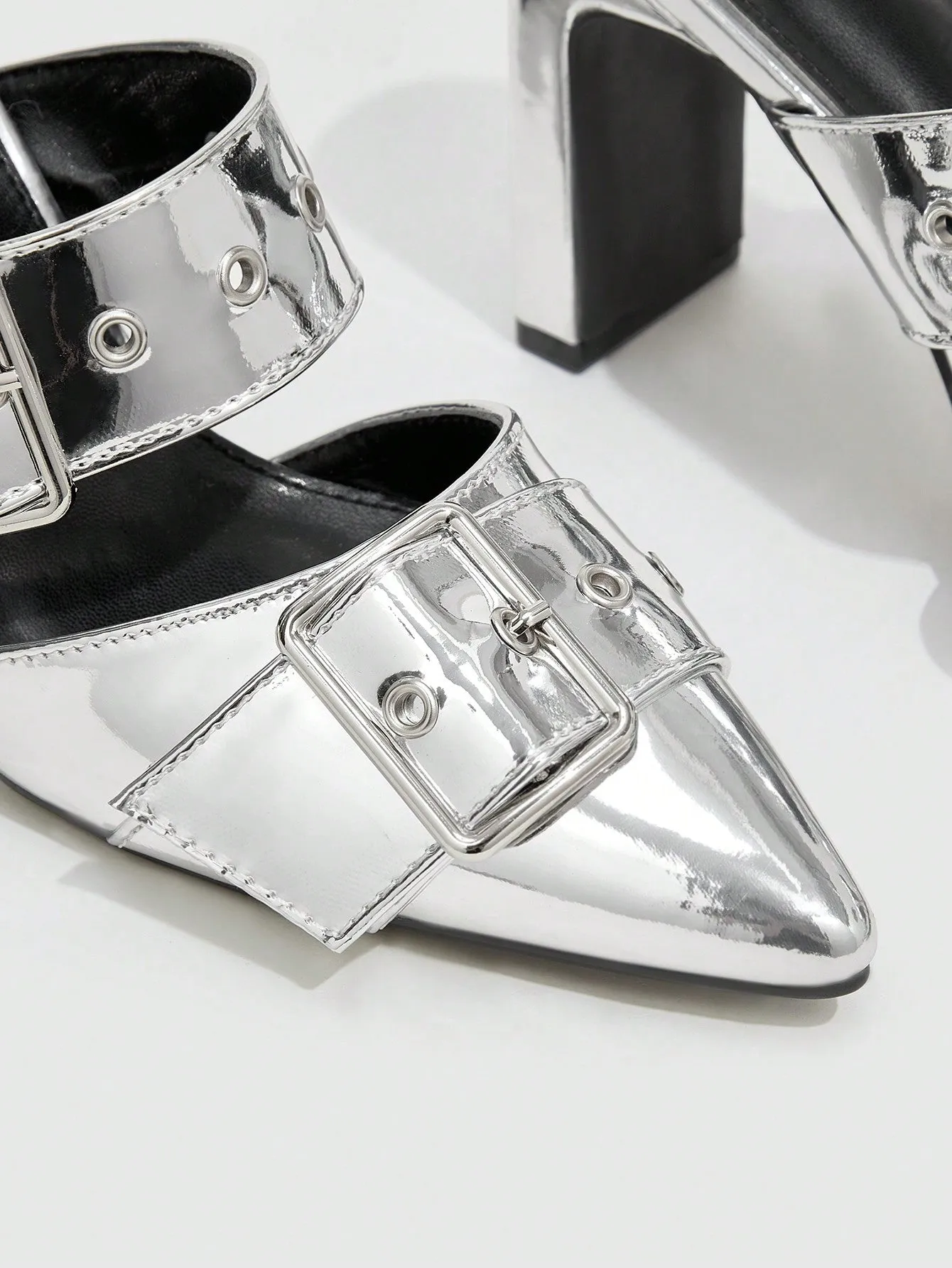 Women Shoes Fashionable Silver Buckle High-Heeled Mules With Chunky Heels Valentines Day