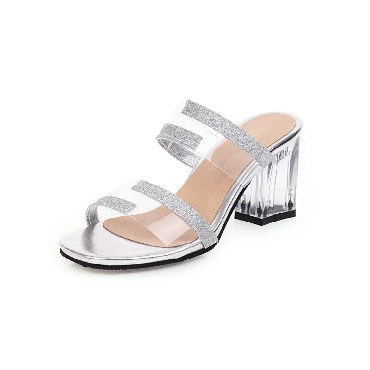 Women's Crystal Transparent Block Heel Slides Sandals