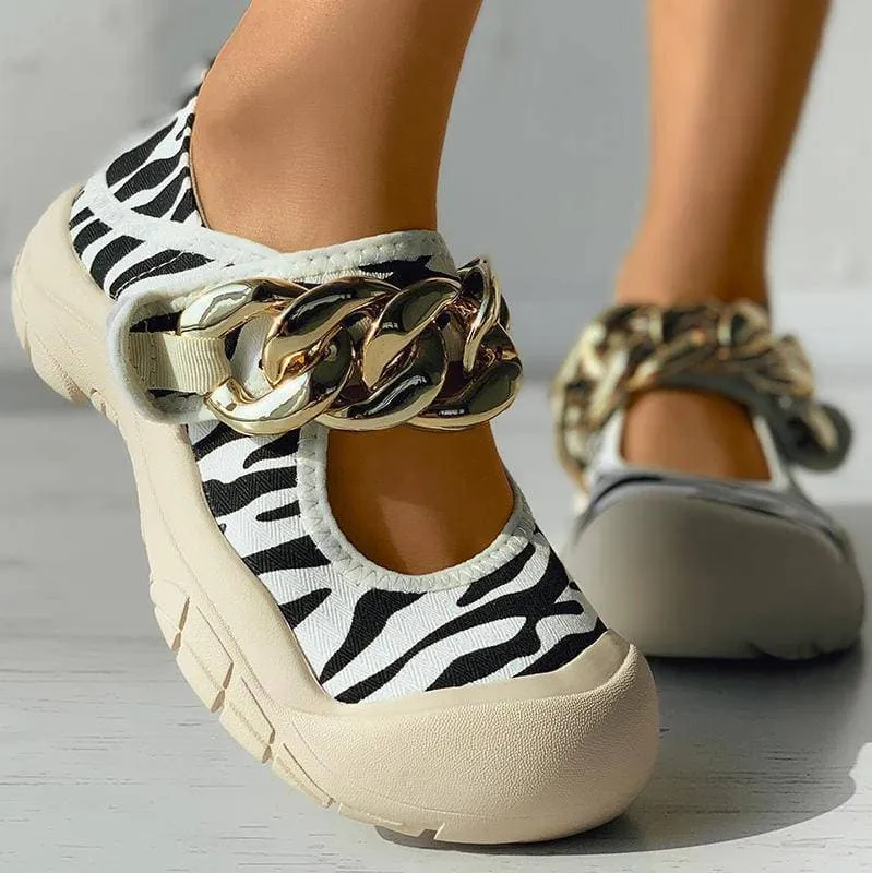 Women's Fashion Casual Canvas Animal Print Chain Magic Tape Flat Shoes